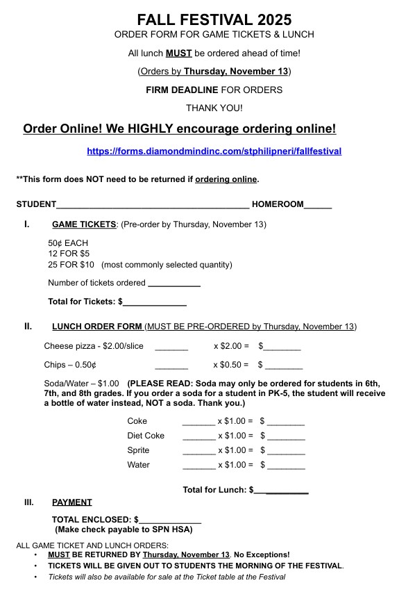 Fall Festival Ticket Order Form